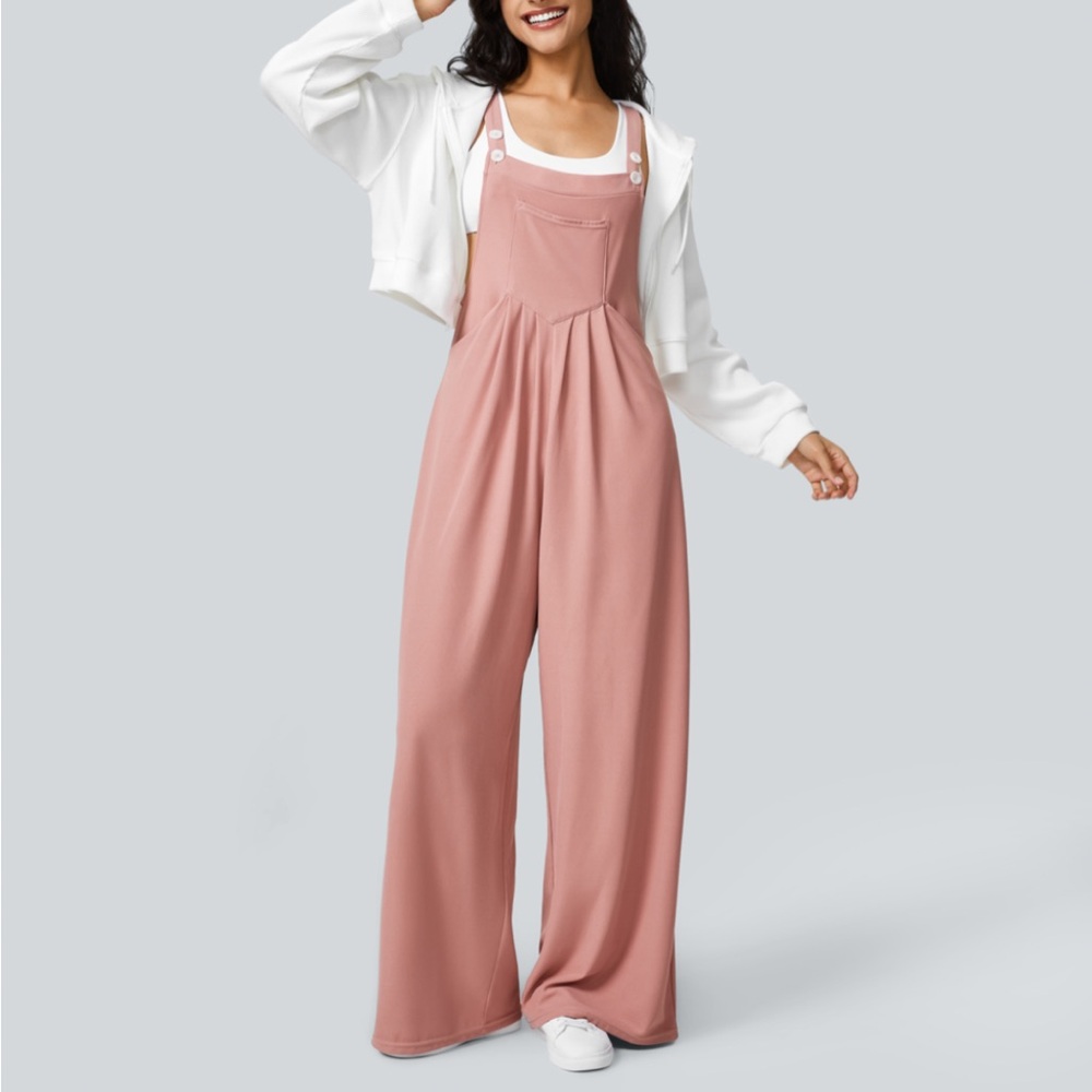 Halara Adjustable Strap Button Multiple Pockets Plicated Waffle Casual Overalls